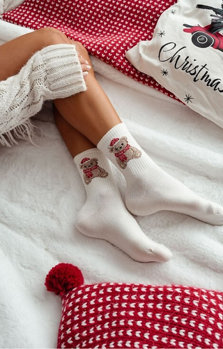 1283-031 Női zokni Milena ekrü - karácsonyi mackó, pamut