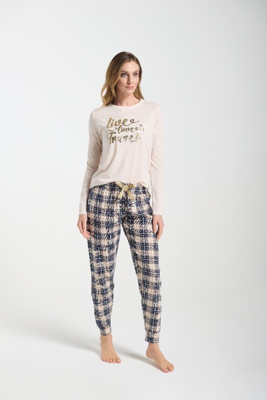 Bessy Női pizsama Sorbetto bézs - trikó, arany mintás, kockás nadrág