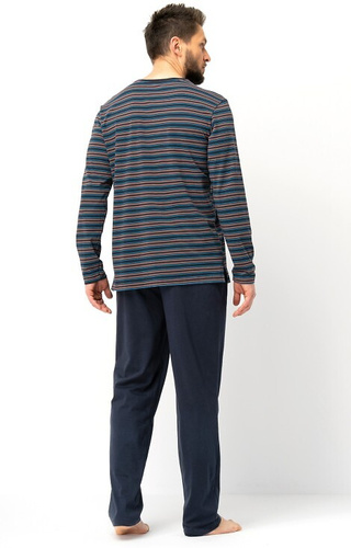 MNS 315 Férfi Key barna pizsama - pamut, csíkos felső és egyszínű nadrág