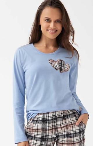 322 Luna blue - női pamut pizsama, szív, hosszú ujjú, kockás nadrág, hosszú ujjú, női pamut pizsama