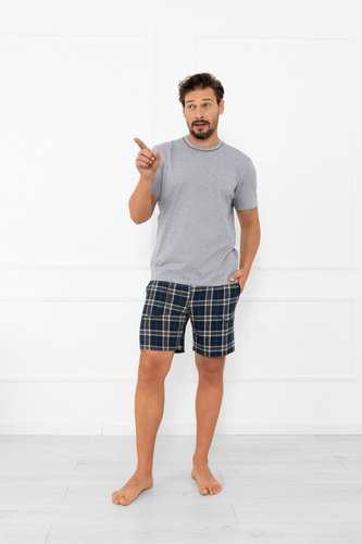 Férfi pizsama Andreas - pamut, rövid ujjú és kockás rövidnadrág Italian Fashion - melange/print