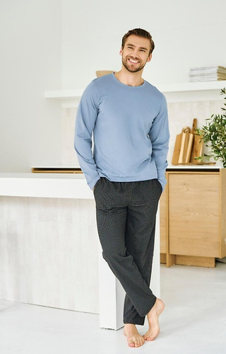 3474 Lorenzo Taro férfi pizsama kék - pamut, hosszú nadrág, zsebes, zsebekkel
