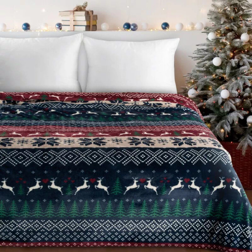 Eurofirany karácsonyi takaró tengerészkék piros skandináv mintával - puha mikroszálas ágytakaró, 240 g/m²