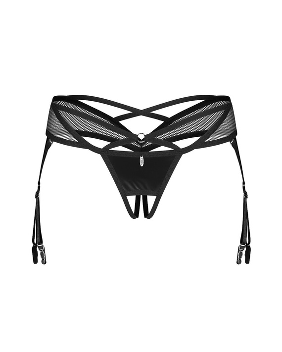 Obsessive Dominna Crotchless Tanga fekete - latex csillogás, nyitott lábköz, harisnyatartó pántok