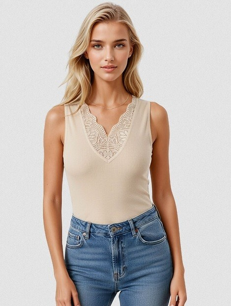 Ovena Eldar női top puha viszkózból bordázott anyaggal és V csipkével