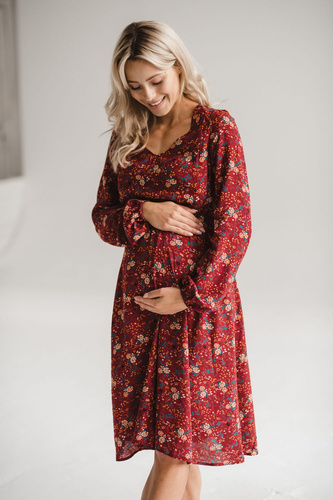 Lovely Dress Midi kismama és szoptatós ruha a Milk&Love-tól - bordó virágos, hosszú ujjú, hosszú ujjú
