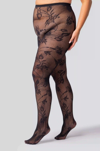 Virágos kabaréharisnya Queen Size - fekete, elegáns, pamut zsinórral
