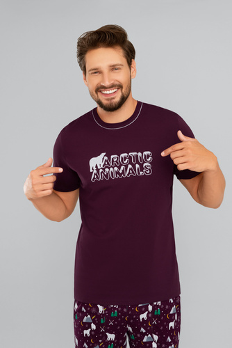 Manfred Férfi rövid ujjú pizsama, hosszú nadrág Olasz divat - bordó/print bordó