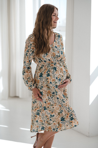 Lovely Dress Midi Milk&Love bézs virágos kismama és szoptatós ruha vászonból, elegáns szabás, szoptatós cipzárral