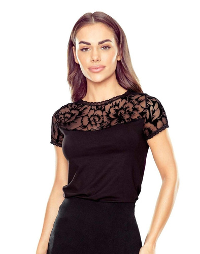 Elegáns női blúz Toshi Eldar fekete | Flocked minta, sztreccs viszkóz, rövid ujjú | Ideális bármilyen alkalomra