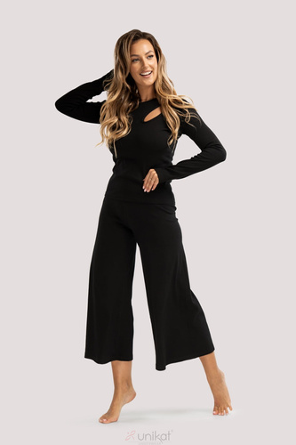 Zen pizsama fekete- elegáns pamut pizsama hosszú ujjú, 7/8 hosszú nadrággal