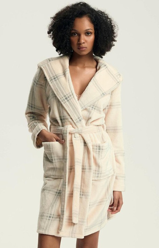 43596 Danna női köntös Henderson fehér - csuklyával, kockás