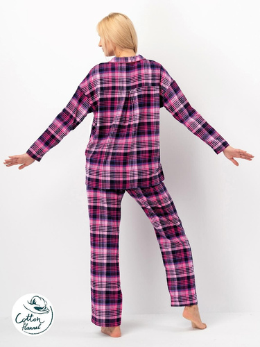 Női pizsama Key LNS 490 fukszia-pamut flanel, hosszú ujjú, gombos, hosszú pamut pizsama