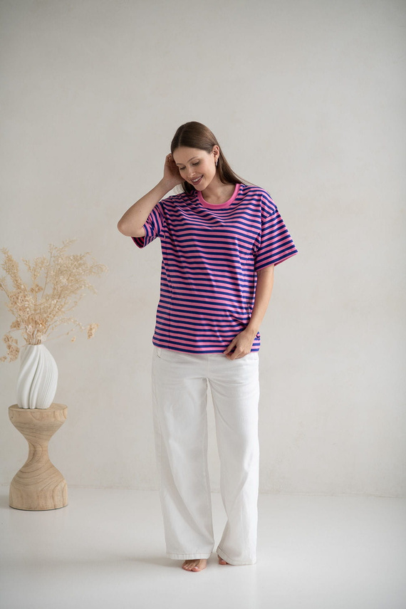 Mamahood Milk&Love rózsaszín és kék csíkos kismama és szoptatós póló - kényelmes és stílusos