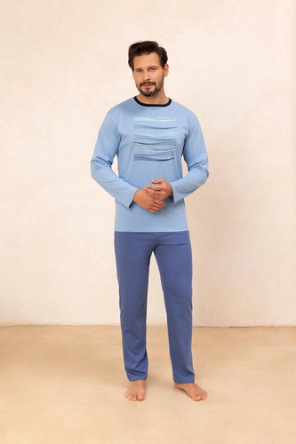 Regina 492 kék - férfi hosszú ujjú pamut pizsama, klasszikus szabású