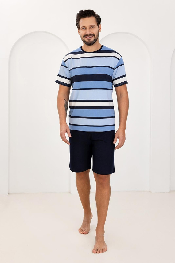 Férfi pizsama 501 Regina kék - 100% pamut, stílusos csíkos, rövid ujjú + rövidnadrág, tökéletes nyárra