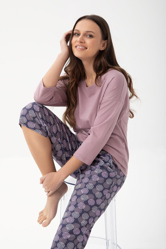 344 Női pizsama Luna kakaó - pamut, 3/4 ujjú, kényelmes és légáteresztő