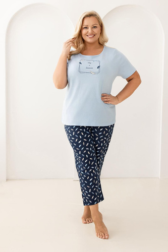 733 Regina pizsama kék - pamut, rövid ujjú, fél kerek nyakú, nyomtatás elöl