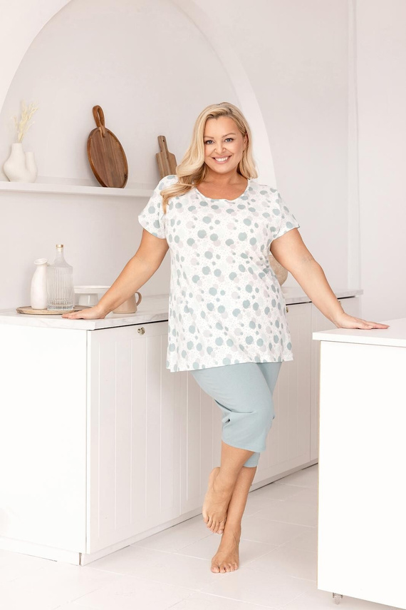 Női pamut pizsama Regina 730 zöld- Színes kör póló, rövid ujjú, 3/4 nadrág, 100% pamut, nyári kényelem, nyári kényelem