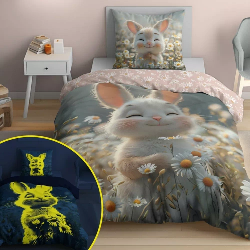 5548 A Fluo 95 Ágynemű sötétben világító nyuszi virágokkal 100% pamut | Gyermekeknek Detexpol