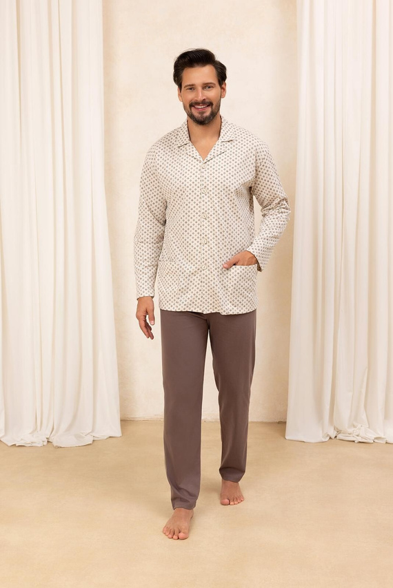 Férfi pamut pizsama Regina 486 bézs - hosszú ujjú, gombos, klasszikus szabású