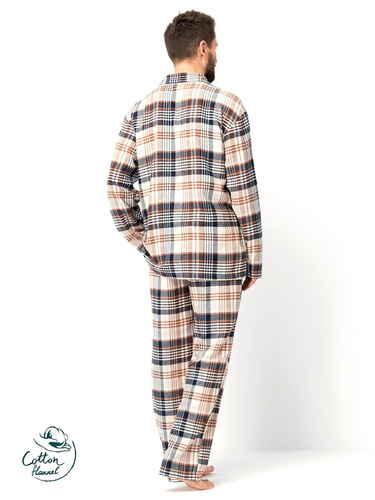 Férfi pizsama Key MNS 443 barna - pamut flanel, hosszú ujjú, gombos, hosszú ujjú, gombos