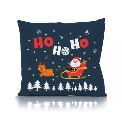 Holly Jolly Faro karácsonyi díszpárnahuzat - mikroszálas, tengerészkék, Mikulással és rénszarvasokkal