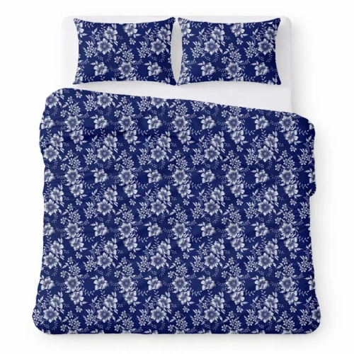 Pamut krepp ágyneműhuzat garnitúra légáteresztő könnyű kezelés navy blue with white flowers