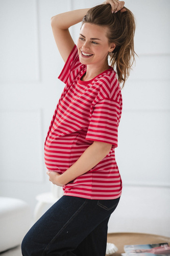 Mamahood Terhesség és szoptatás Milk&Love piros-rózsaszín csíkos póló - kényelmes és elegáns