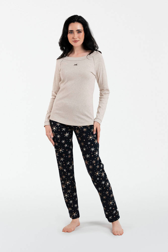 Denali női pizsama hosszú ujjú, hosszú nadrág olasz divat - bézs melange/print