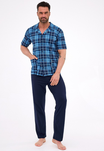 318/58 Férfi Cornette pizsama - kigombolt pamut kockás, galléros, gallérral