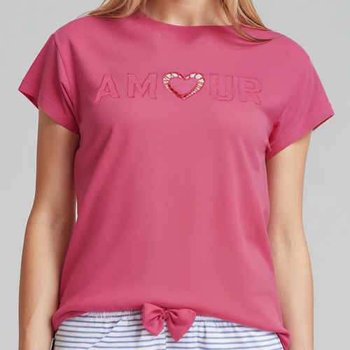 Juliana Sorbetto rózsaszín - női pizsama 100% pamut, hímzéssel és hosszú csíkos nadrággal