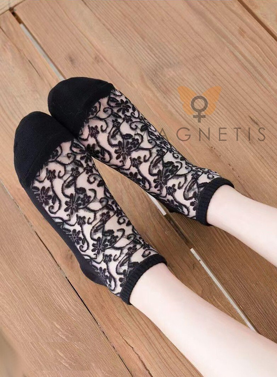 CC-251112 női titokzokni – pamut, hálós, virágmintás black