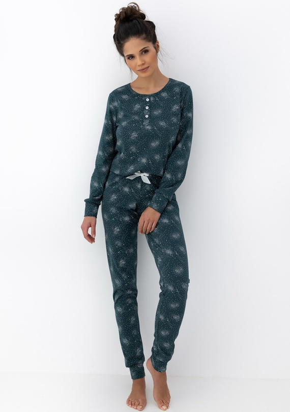 Ellison Sensis női pizsama zöld - hosszú ujjú pamut pizsama bordázott mandzsettával