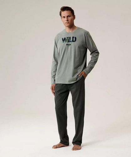 Férfi pizsama NMP-392 Atlantic -zöld/khaki pamut, hosszú ujjú, stílusos szett a hűvös éjszakákhoz