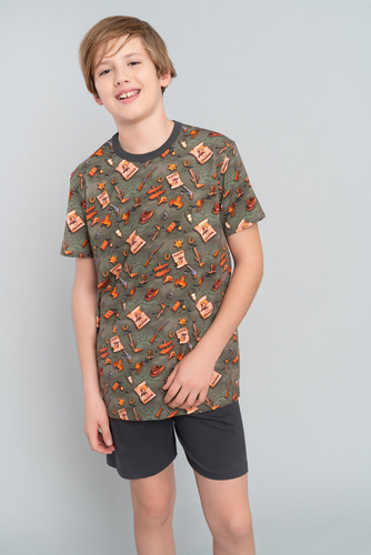 Western fiú rövid ujjú pizsama, nadrág Italian Fashion - olívazöld/grafit