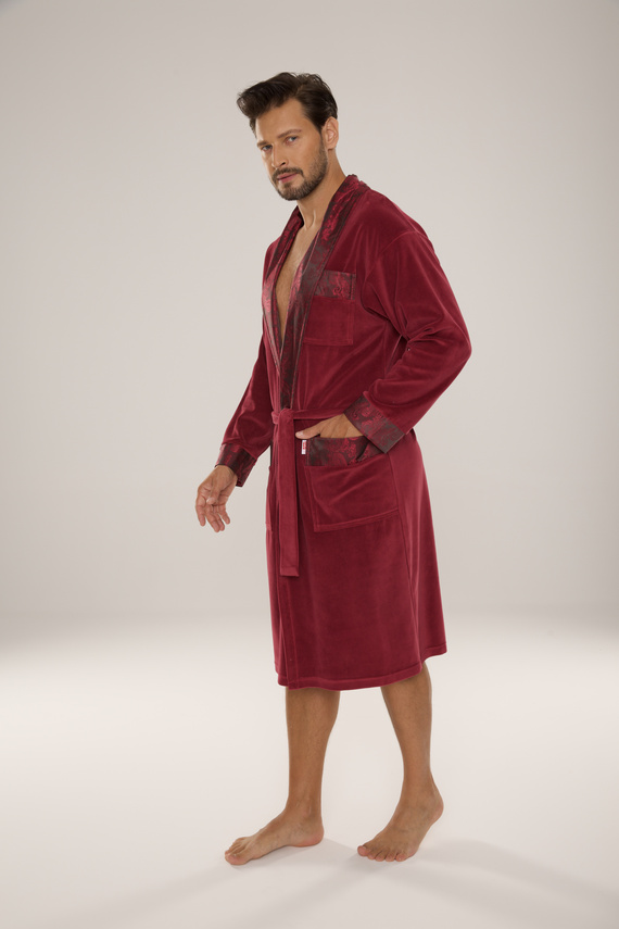 868 Noble férfi velúr fürdőköpeny De Lafense- elegáns, puha, prémium, bordó, bordó színű
