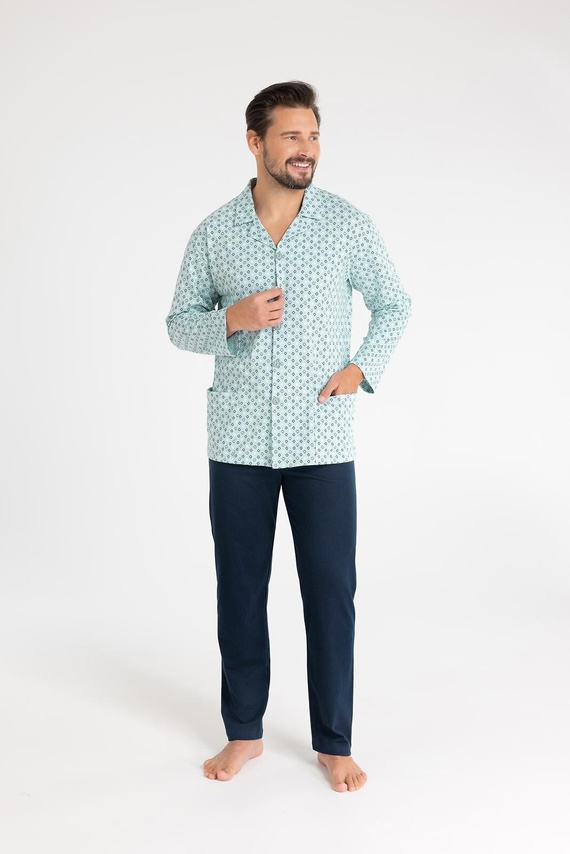 Férfi pamut pizsama Regina 486 zöld - hosszú ujjú, gombos, klasszikus szabású