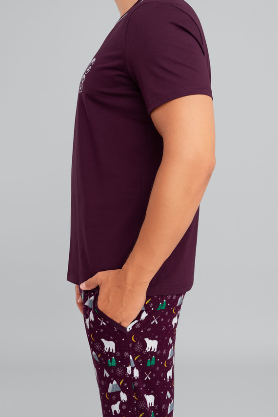 Manfred Férfi rövid ujjú pizsama, hosszú nadrág Olasz divat - bordó/print bordó