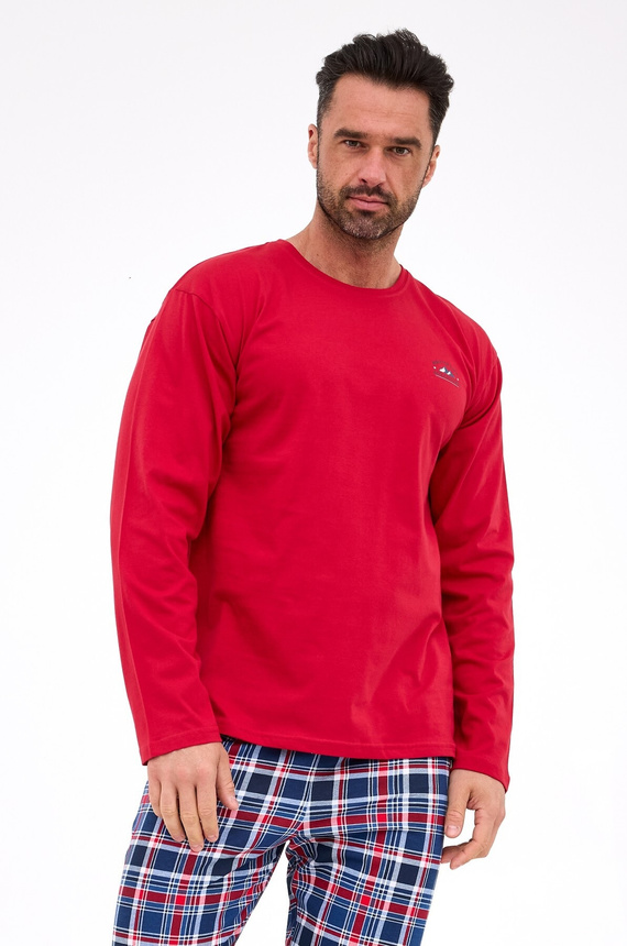 124/312 Ready 3 Cornette gesztenyebarna - férfi pamut pizsama, hosszú ujjú, kockás nadrág