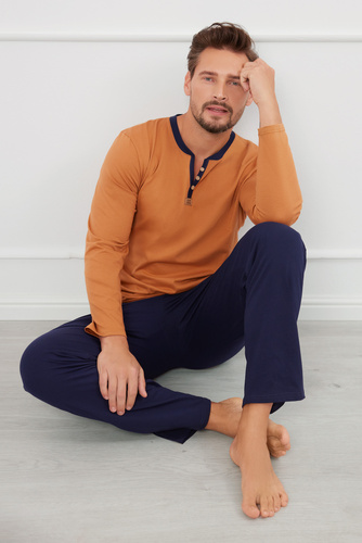 Julius Férfi hosszú ujjú pizsama, hosszú nadrág Olasz divat - konyak/zöld