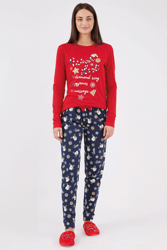 Natalie Sorbetto piros - női hosszú pamut karácsonyi pizsama hópelyhekkel