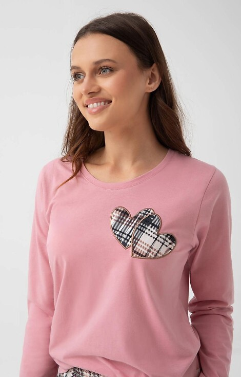 322 Luna pink - női pamut pizsama, szívecskék, hosszú ujjú, kockás nadrág