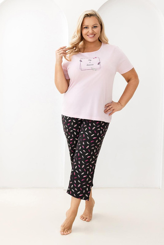 733 Regina rózsaszín pizsama - pamut, rövid ujjú, fél kerek nyakú, elöl nyomtatással