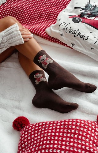 1283-031 Női zokni Milena barna - karácsonyi mackó, pamut