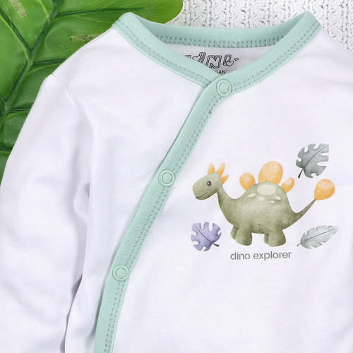 ABN-5562 Dino Explorer borítékos bodysuit Nini fehér | Organikus pamut újszülött babának