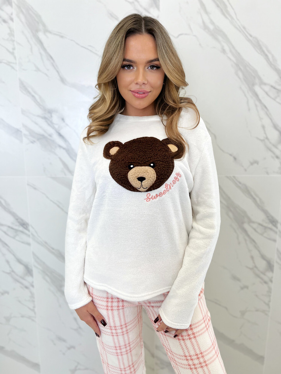 Madlen Női pizsama Sorbetto ecru - fleece, mackó hímzéssel és kockás nadrággal