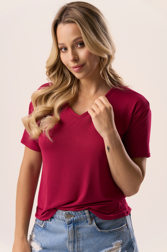 Serina blúz Babell bordó - viszkóz, rövid ujjú, V kivágás | stílusos és kényelmes