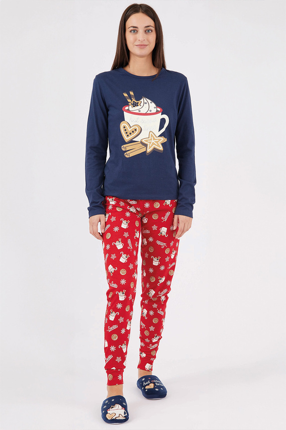 Natalie Sorbetto tengerészkék - hosszú női pamut karácsonyi pizsama hópelyhekkel