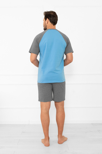 Férfi pizsama Alexander Italian Fashion - rövid ujjú és rövidnadrág, 100% pamut - kék/szürke